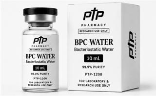 Bacteriostatic water vial and carton, labelled 10 mL, catalogue number PTP-1200, for laboratory and research use only