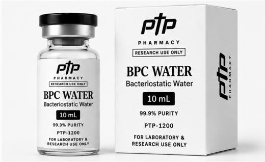 Bacteriostatic water vial and carton, labelled 10 mL, catalogue number PTP-1200, for laboratory and research use only
