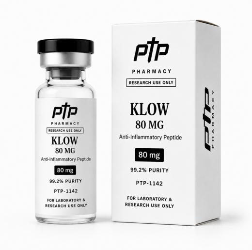 KLOW vial and carton, labelled 80 mg, 99.2% purity, catalogue number PTP-1142, for laboratory and research use only