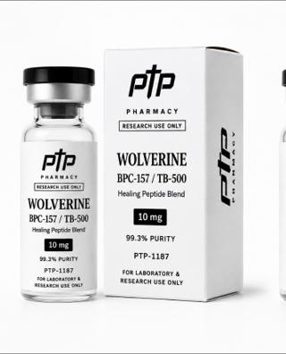 Wolverine Stack vial and carton, labelled BPC-157 / TB-500, 99.3% purity, catalogue number PTP-1187, for laboratory and research use only