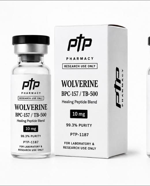 Wolverine Stack vial and carton, labelled BPC-157 / TB-500, 99.3% purity, catalogue number PTP-1187, for laboratory and research use only